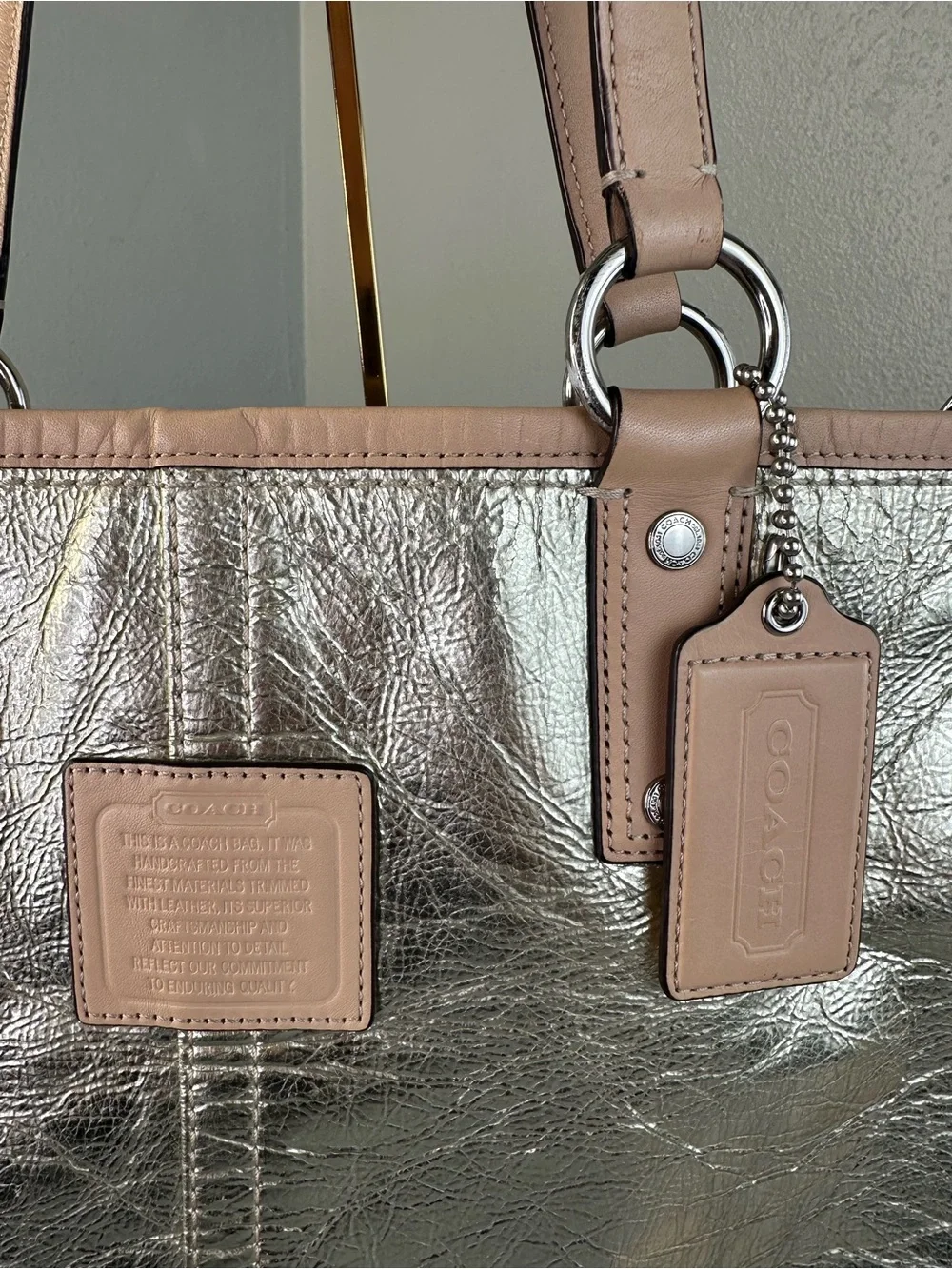 Coach Metro Tote Bag Crinkled Metallic Textured Purse & Matching Wristlet